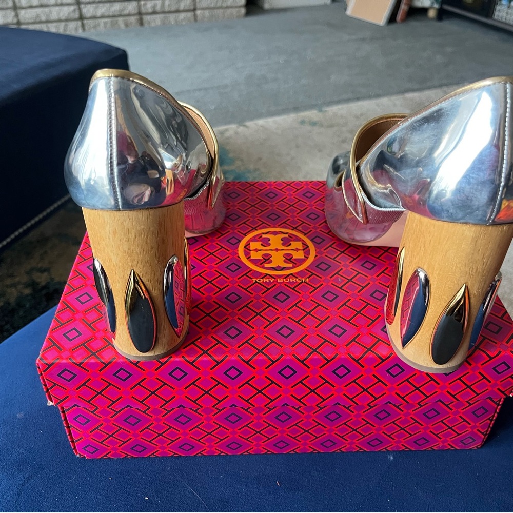 Tory Burch Metallic Silver Heels with Gold Block - Picture 3 of 6